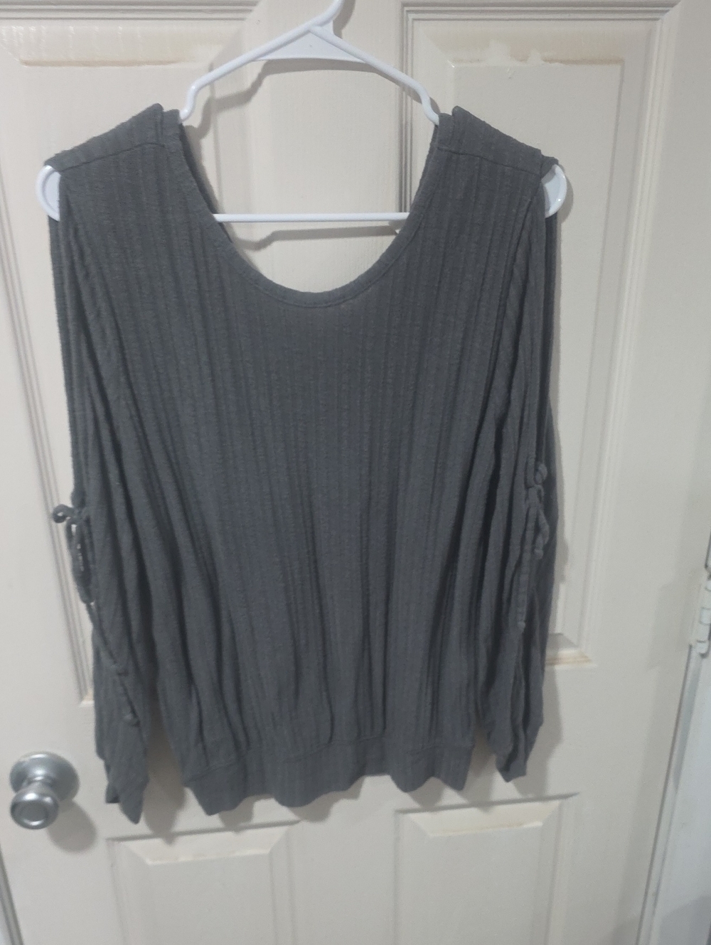 Maurices Gray Ribbed Cold-Shoulder Sweater with Ties